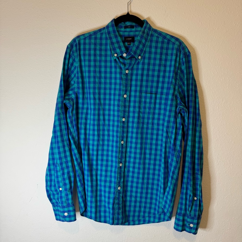 J.Crew Blue Green Gingham Button Up Slim Fit dress Shirt Men's Size L